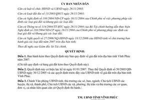 Quyết định 86/2006/QĐ-UBND Quy định giá đất trên địa bàn tỉnh Vĩnh Phúc