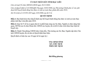 Quyết định 45/2006/QĐ-UBND bảo đảm vệ sinh an toàn thực phẩm Bạc Liêu đến năm 2010