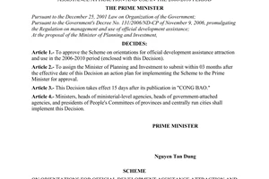 Decision No. 290/2006/QD-TTg of the Prime Minister of Government, approving the scheme on orientations for official development assistance attraction and use in the 2006-2010 period