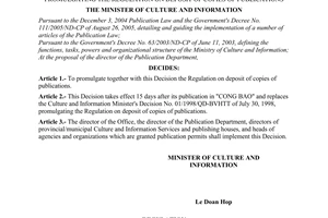 Decision No. 102/2006/QD-BVHTT of the  Ministry of Culture and Information, promulgating the Regulation on deposit of copies of publications
