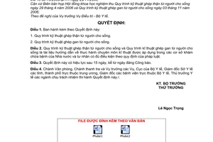 Quyết định 43/2006/QĐ-BYT Quy trình kỹ thuật ghép thận từ người cho sống