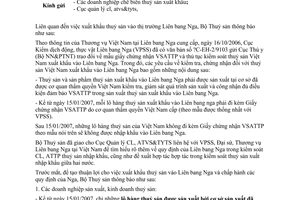 Công văn 117/BTS-CLTYTS xuất khẩu thuỷ sản vào Liên bang Nga