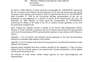 Official Dispatch No. 0622/BTM-PC of January 26, 2007,   Updating the list of countries and territories having agreement on the most favoured-nation and preferential treatment in trade relations with Vietnam