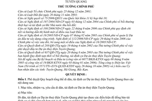 Quyết định 08/2007/QĐ-TTg Phê duyệt Quy hoạch tổng thể di dân, tái định cư Dự án thuỷ điện Tuyên Quang