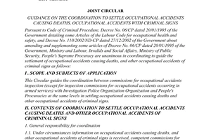 Joint circular No. 01/2007/TTLB-BLDTBXH-BCA-VKSNDTC of January 12, 2007 guidance on the coordination to settle occupational accidents causing deaths, occupational accidents with criminal signs