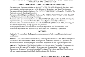 Decision No. 04/2007/QD-BNN of January 19, 2007 promulgating the regulation on management of safe vegetables production and certification