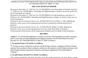 Decision No.03/2007/QD-NHNN of January 19, 2007 amending and supplementing a number of articles of the regulation on safety assurance ratios in activities of credit institutions promulgated together with the state bank governor's Decision No. 457/2005/QD-NHNN of April 19, 2005