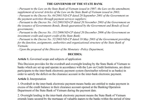 Decision No.04/2007/QD-NHNN of January 22, 2007, on overdraft and overnight loans applicable to Inter-bank electronic payment