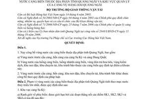 Quyết định 03/2007/QĐ-BGTVT công bố vùng nước cảng biển địa phận tỉnh Quảng Ngãi khu vực quản lý Cảng vụ hàng hải Quảng Ngãi