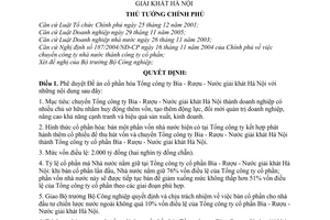 Quyết định 111/QĐ-TTg phê duyệt Đề án cổ phần hóa Tổng công ty Bia Rượu Nước giải khát Hà Nội