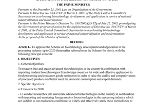 Decision No. 14/2007/QD-TTg of January 25, 2007 approving the scheme on biotechnology development and application in the processing industry up to 2020