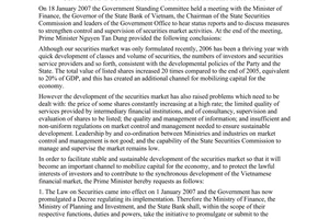 Announcement No. 20/TB-VPCP of January 29, 2007, on conclusions of The Prime Minister Nguyen Tan Dung on strengthening control and supervision of securities market activities.