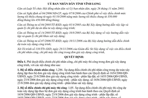 Quyết định 02/2007/QĐ-UBND sửa đổi chi phí nhân công máy thi công xây dựng Vĩnh Long