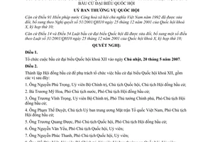 Nghị quyết 1077/2007/NQ-UBTVQH11 công bố ngày bầu cử thành lập Hội đồng bầu cử