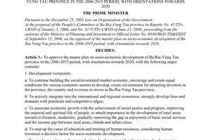 Decision No. 15/2007/QD-TTg of January 29, 2007 approving the master plan on socio-economic development of Ba Ria-Vung Tau province in the 2006-2015 period, with orientations towards 2020