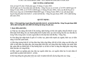 Quyết định 15/2007/QĐ-TTg Phê duyệt Quy hoạch tổng thể phát triển kinh tế xã hội tỉnh Bà Rịa Vũng Tàu giai đoạn 2006 - 2015, định hướng đến 2020
