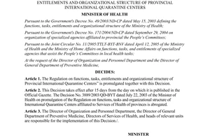 Decision No.14/2007/QD-BYT provincial/municipal international medical quarantine centers