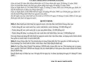 Quyết định 01/2007/QĐ-UBND  bảng giá tính thuế tài nguyên nước