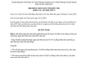 Nghị quyết 04/2007/NQ-HĐND kế hoạch vốn đầu tư xây dựng cơ bản Bến Tre