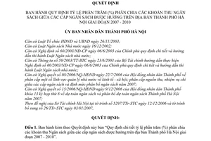 Quyết định 08/2007/QĐ-UBND quy định tỷ lệ phần trăm (%) phân chia khoản thu ngân sách thành phố Hà Nội giai đoạn 2007-2010