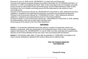 Decision No.02/2007/QD-BTC of January 05, 2007 amending the import duty rates for a number of mechanical, electric and electronic components, parts and accessories