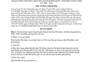 Quyết định 01/2007/QĐ-TTg phê duyệt Quy hoạch tổng thể phát triển du lịch đảo Phú Quốc, tỉnh Kiên Giang thời kỳ 2006 - 2020