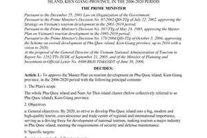 Decision No.01/2007/QD-TTg of the Prime Minister of Government, for approving the master plan on tourism development on Phu Quoc island, Kien Giang province, in the 2006-2020 period