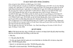 Quyết định 73/QĐ-UBND mức thu, nộp, tỷ lệ điều tiết  chế độ quản lý sử dụng lệ phí cấp giấy phép hoạt động điện lực trên địa bàn tỉnh Lâm đồng
