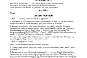Decree of Government No. 05/2007/ND-CP of January 09, 2007 on animal rabies prevention and combat
