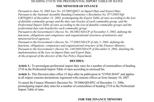 Decision No.04/2007/QD-BTC of January 09, 2007 promulgating the import duty rates for a number of commodities of heading 2710 in the preferential import table of rates