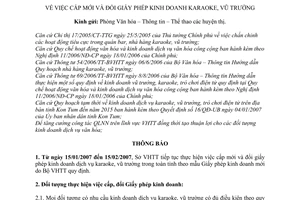 Thông báo 01/TB-SVHTT cấp mới và đổi giấy phép kinh doanh karaoke, vũ trường