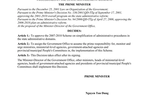 Decision No. 30/QD-TTg of January 10, 2007 approving the 2007-2010 scheme on simplification of administrative procedures in the state management domains