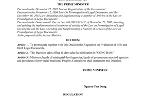 Decision No. 05/2007/QD-TTg of January 10, 2007 promulgating the regulation on evaluation of bills and draft legal documents