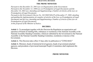 Decision No. 03/2007/QD-TTg of January 10, 2007 promulgating the regulation on organization and operation of Drafting Boards