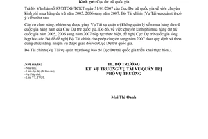 Công văn 1905/BTC-TVQT  chuyển dự toán ngân sách mua hàng dự trữ Quốc gia