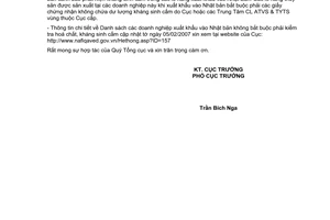 Công văn 352/CLTY-CL  bổ sung danh sách doanh nghiệp xuất khẩu thủy sản vào Nhật Bản