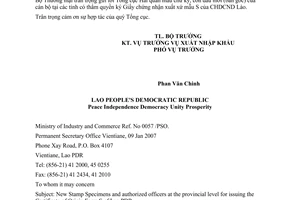 Công văn 1115/BTM-XNK mẫu chữ ký và con dấu mẫu S của Lào