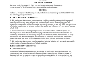 Decision No. 161/QD-TTg of February 05, 2007 approving the planning on salt production development up to 2010 and 2020