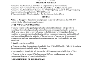Decision No. 20/2007/QD-TTg of February 05, 2007 
approving the national target program on poverty alleviation in the 2006-2010 period