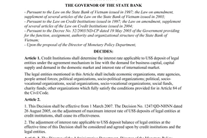Decision No. 07/2007/QD-NHNN of February 06, 2007, on the interest rate on legal entities US dollar deposits at credit institutions
