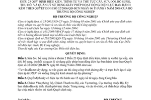 Quyết định 09/2007/QĐ-BCN trình tự thủ tục cấp sửa đổi thu hồi giấy phép hoạt động điện lực sửa đổi điểm a khoản 2 Điều 23 Quyết định 32/2006/QĐ-BCN