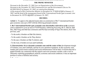 Decision No. 225/QD-TTg of  February 08, 2007 approving the adjusted master plan on construction of Bo Y international border-gate economic zone