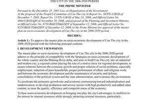 Decision No. 21/2007/QD-TTg of February 08, 2007 approving the master plan on socio-economic development of Can Tho City in the 2006-2020 period