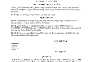 Quyết định 173/QĐ-KL-TC Quy định chức năng nhiệm vụ biên chế phòng đội