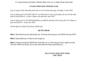Quyết định số: 239/QĐ-UBND chương trình công tác của UBND tỉnh Hà Nam năm 2007