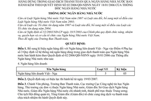 Quyết định 09/2007/QĐ-NHNN hệ thống mã ngân hàng trong giao dịch thanh toán Ngân hàng Nhà bổ sung Quyết định 02/2006/QĐ-NHNN