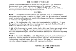 Decision No. 01/2007/QD-BTS of February 13, 2007, on the inspection ok aquatic products exported to the US and Canada
