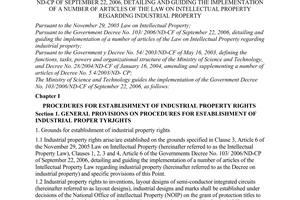 Circular No. 01/2007/TT-BKHCN of February 14, 2007 guiding the implementation of The Governments Decree No. 103/2006/ ND-CP of September 22, 2006, detailing and guiding the implementation of a number of articles of the law on intellectual property regarding industrial property