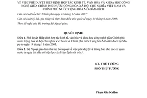Quyết định 23/2007/QĐ-TTg phê duyệt hiệp định hợp tác kinh tế văn hóa và khoa học công nghệ giữa Chính phủ Việt Nam và Mô-Dăm-Bích