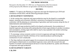 Decision No. 26/2007/QD-TTg of February 15, 2007 approving the planning on sugarcane and sugar development up to 2010 and orientations toward 2020